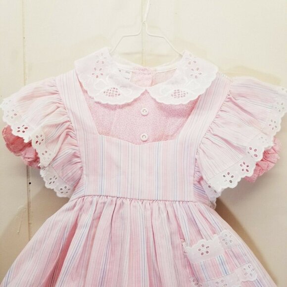 Mini World 2T Pink Stripe Dress Vintage Eyelet Lace 4T Pinafore Prairie Floral - Picture 3 of 8